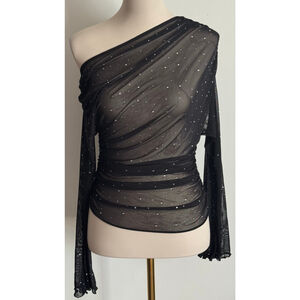 Women's Avidlove Black Off Shoulder Blouse M with Silver Rhinestones